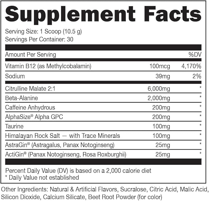 Bucked Up Pre Workout 6 Grams Citrulline, 2 Grams Beta Alanine, and 3 Other Registered trademarked Ingredients (Freedom Pop)