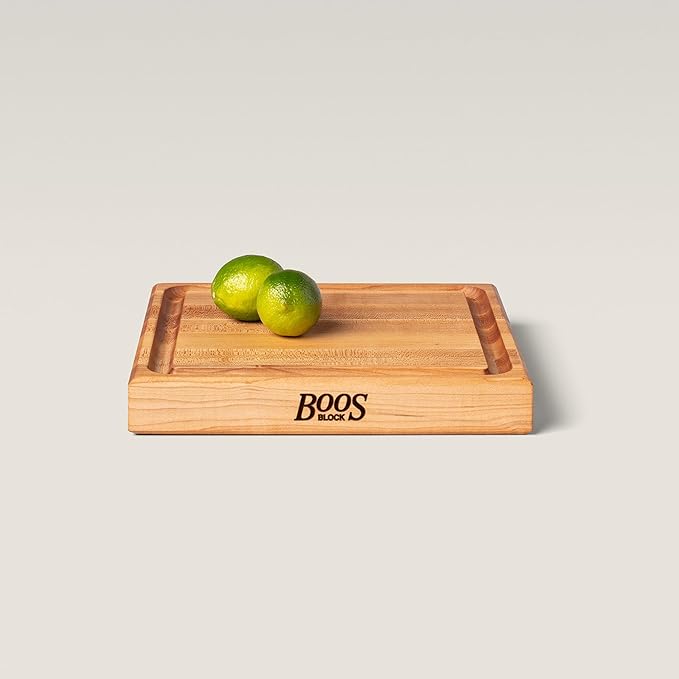 John Boos CB Series Square Wooden Maple Cutting Board 12”x12” – 1.75” Thick, 7-lb Reversible Butcher Block with Juice Groove, Edge-Grain & Finger Grips – Made in the USA