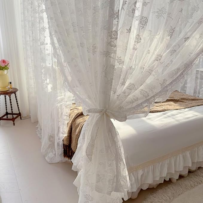 Elegant Princess 4 Corner Post Mosquito Net Romantic for Girls Women Bed Curtain Canopy for Adult Wedding Bedroom Kids Rooms Decoration (Type2-Beige-White, Full)