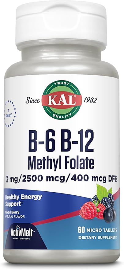 KAL Vitamin B-6 B-12 Methyl Folate ActivMelt, Vitamin B Supplement, Heart Health, Energy and Red Blood Cell Support with Methyl B12 and DFE Folic Acid, Natural Berry Flavor, 60 Servings, 60 Micro Tabs