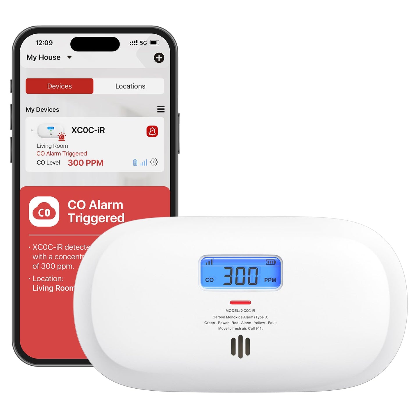 X-Sense Smart Carbon Monoxide Detector XC0C-iR, Silence via App, CO Alarm with LCD Digital Display, Carbon Monoxide Alarm with Replaceable Battery, 1-Pack