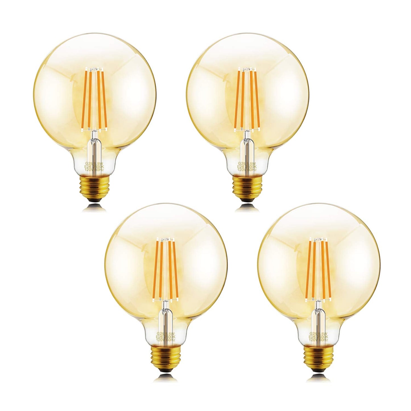 Helloify G25 Vintage LED Edison Bulb, Dimmable, Warm White 2500K, Amber, E26 Screw Base, 60W Equivalent, 4 Count