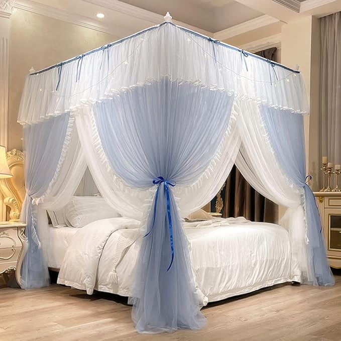 Mengersi Canopy Bed Curtains with Lights,4 Corner Bed Canopy Royal Luxurious Bed Drapes Netting,Princess Bed Curtains for Girls Adults Bedroom Decoration (Gray Blue, Twin)