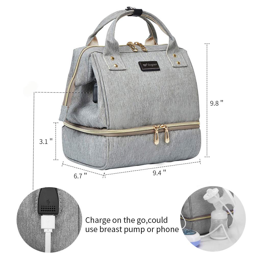 GOGOSO Breast Pump Bag with Cooler Pocket, Mini Pumping Bags for Working Mom Cooler Tote Bag Built-in USB Charging Pot for Phone Mother Diaper Bags -No Include ice Pack,Grey