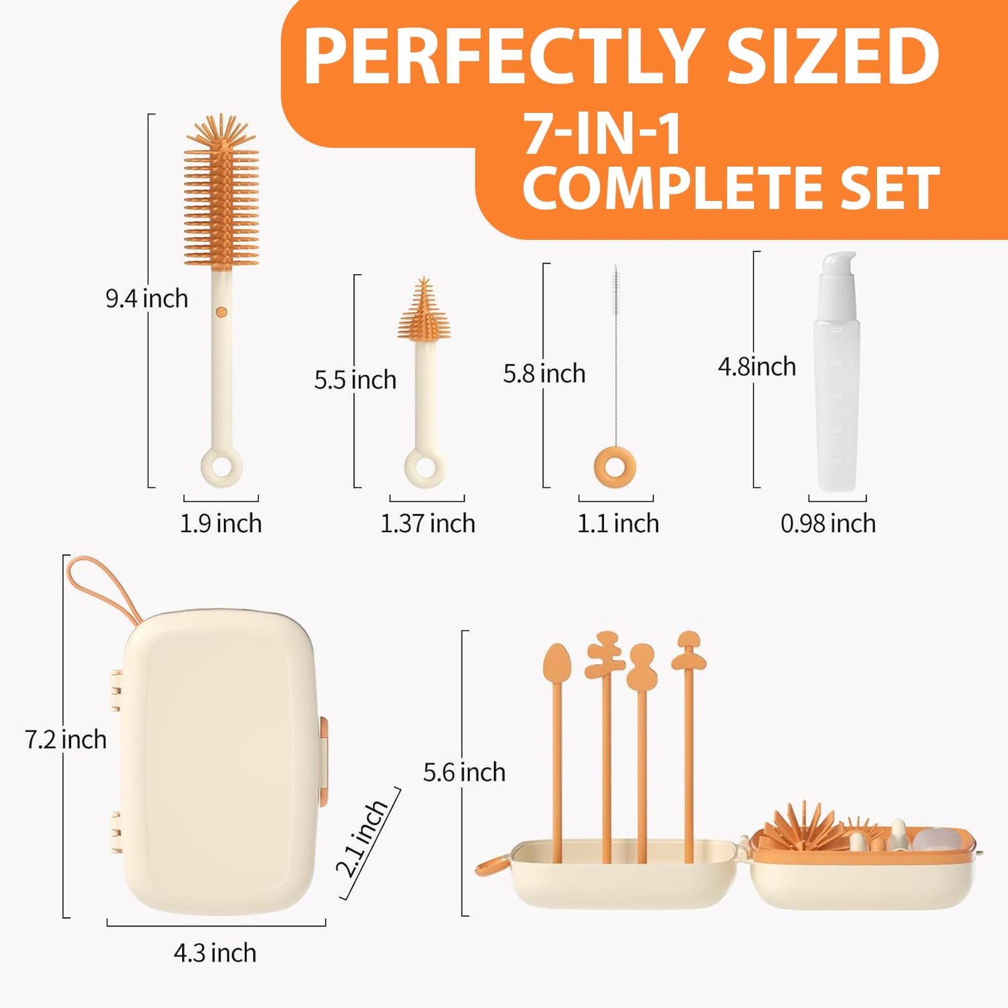 Travel Bottle Cleaner kit, 7in1 Baby Toddler Travel Essential Silicone Bottle Brush Set, Nipple, Drying Rack, Straw, & Breast Pump Cleaning, Soap Dispenser & Organizer Case, Gift for Mom (White)