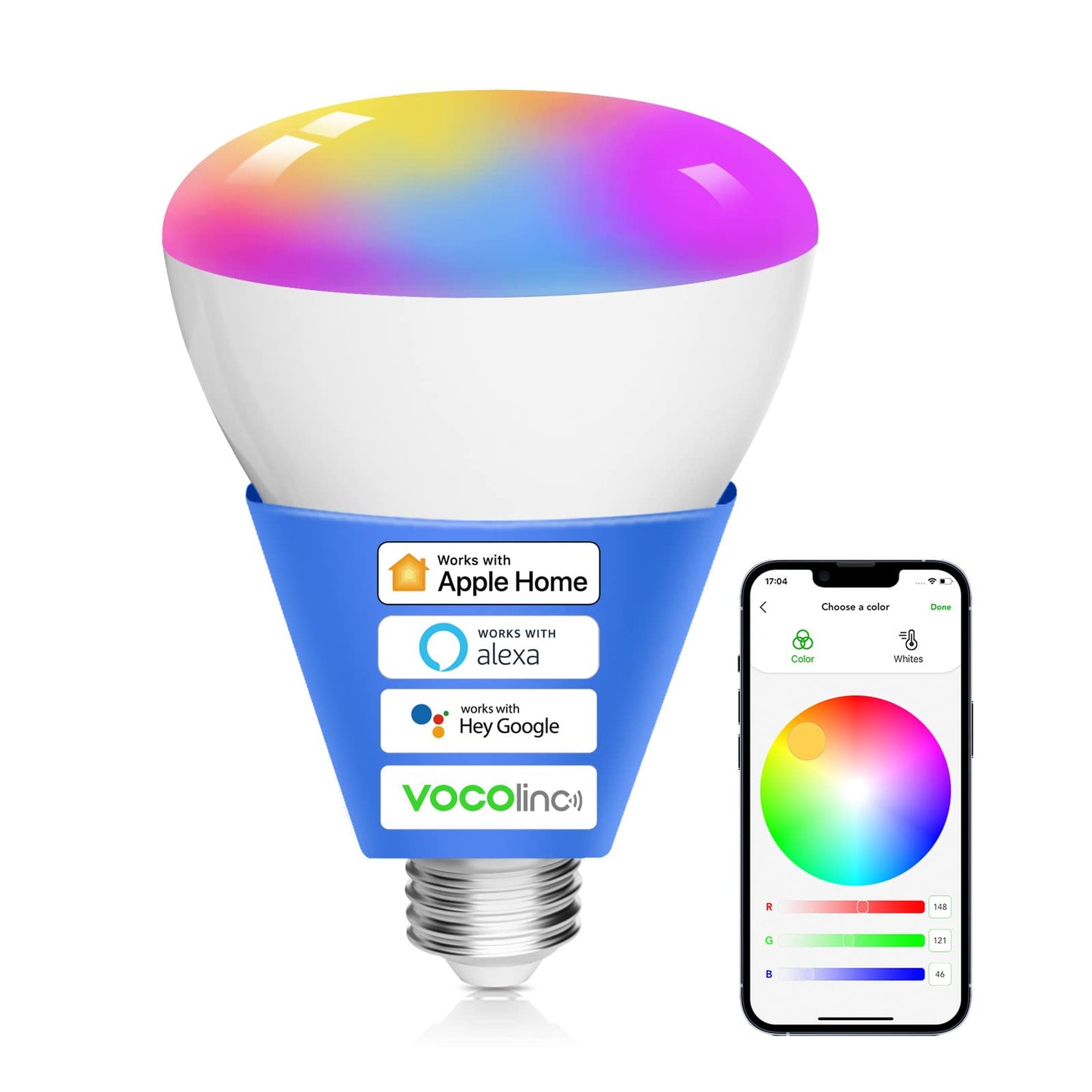 Vocolinc Smart Light Bulb, Rgbw Color Changing, 800 Lumens, Dimmable, Wifi, E26, 1 Pack, White