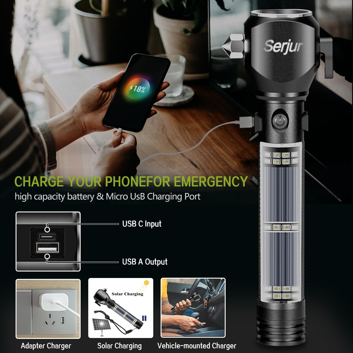 Serjur Rechargeable Solar Powered Flashlight, Multi-Function LED, Glass Breaker, Seatbelt Cutter, Black, 1 Pack, Model bfcz-01