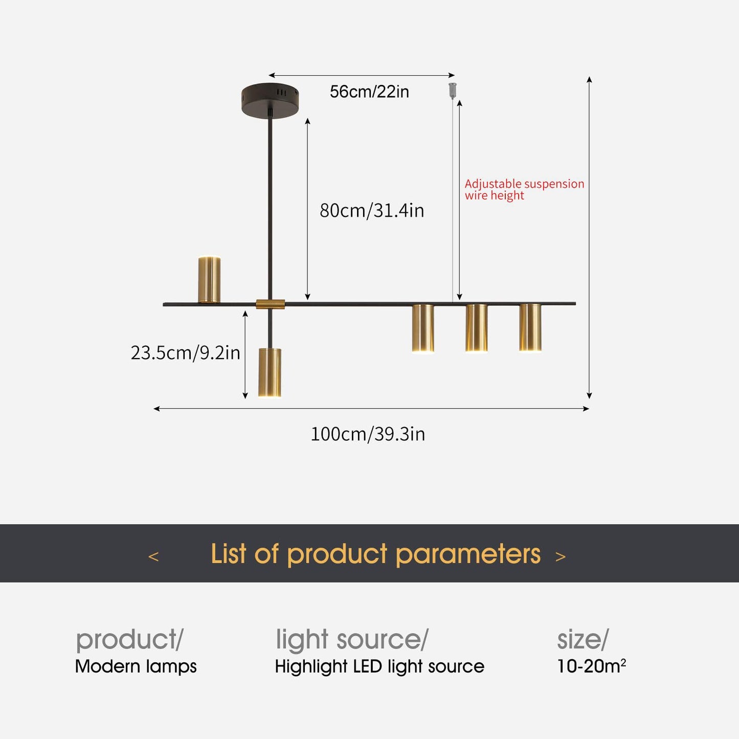 Siittoo Dimmable LED Pendant Light Chandelier, 39IN Adjustable Linear, Black & Gold, Model FM7344