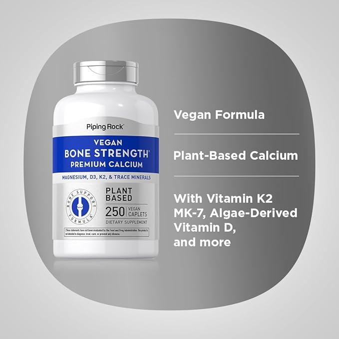 Piping Rock Bone Strength Supplement for Women and Men | 250 Caplets | Premium Calcium Plant Based Complex | with Vitamin D3, K2, Magnesium, and Minerals | Vegan, Non-GMO, Gluten Free