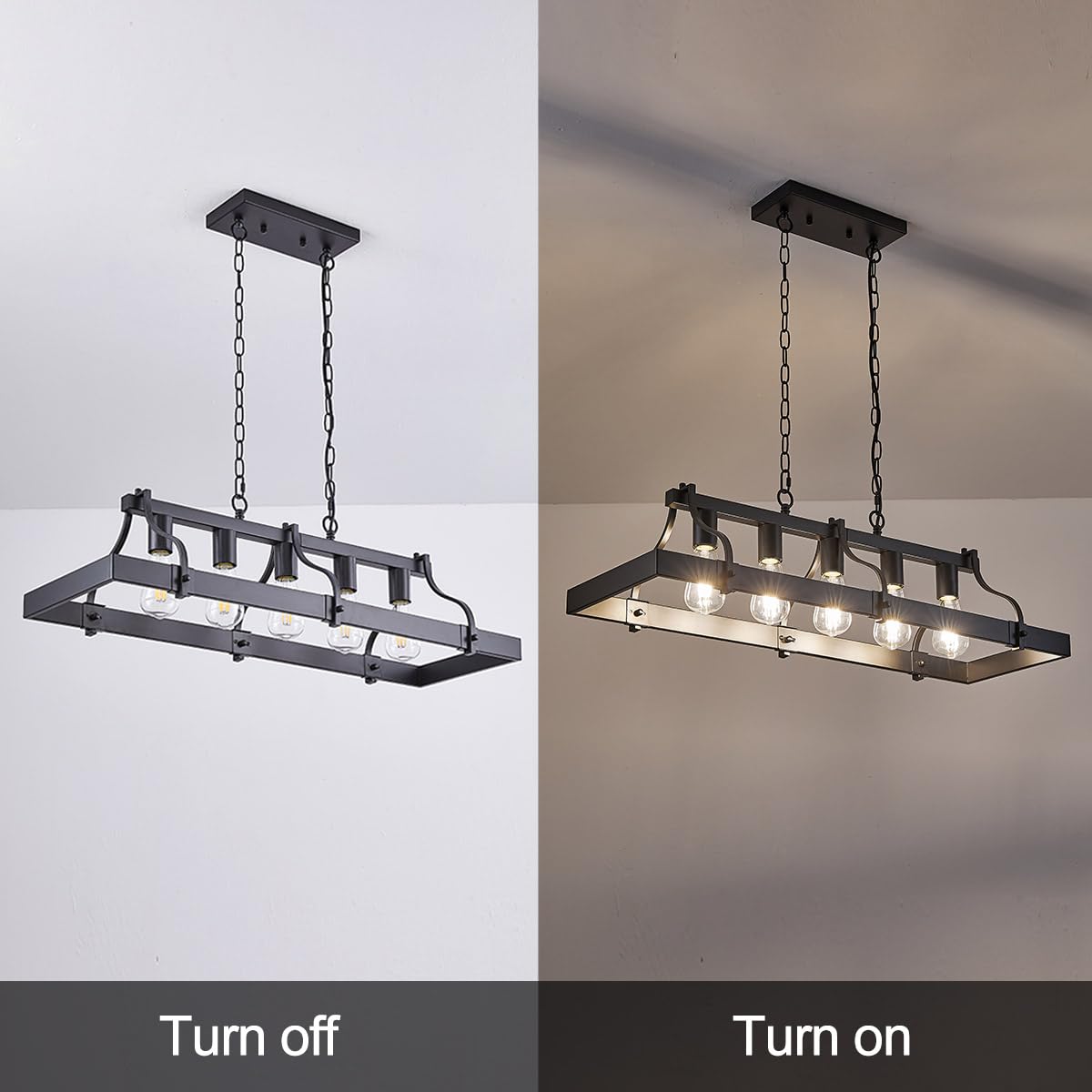 Feohak Indutstiral Black Chandeliers For Dining Room  5-Light Farmhouse Rustic Light Fixtures Over Table  Modern Linear Rectangular Kitchen Island Ceiling Pendant Lighting
