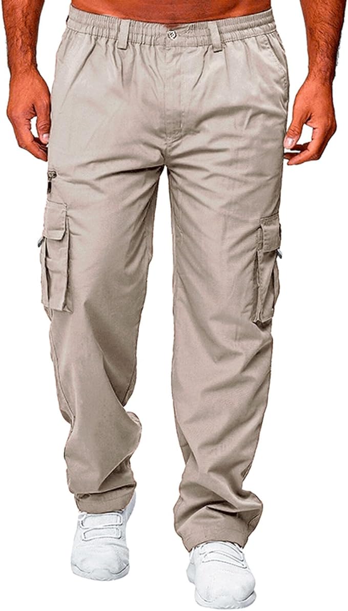 Cargo Pants for Men Outdoor Hiking Button Elastic Waisted Casual Pants Loose Baggy Straight Leg Breathable Athletic Trousers