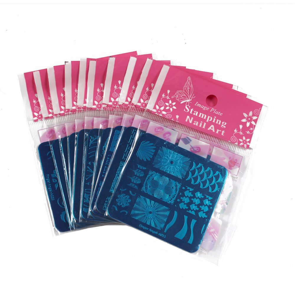 Finger Angel 10Pcs Nail Art Stamping Templates Manicure Tool Kit 10pcs Nail Stamping Plates+1Pcs Nail Stamper