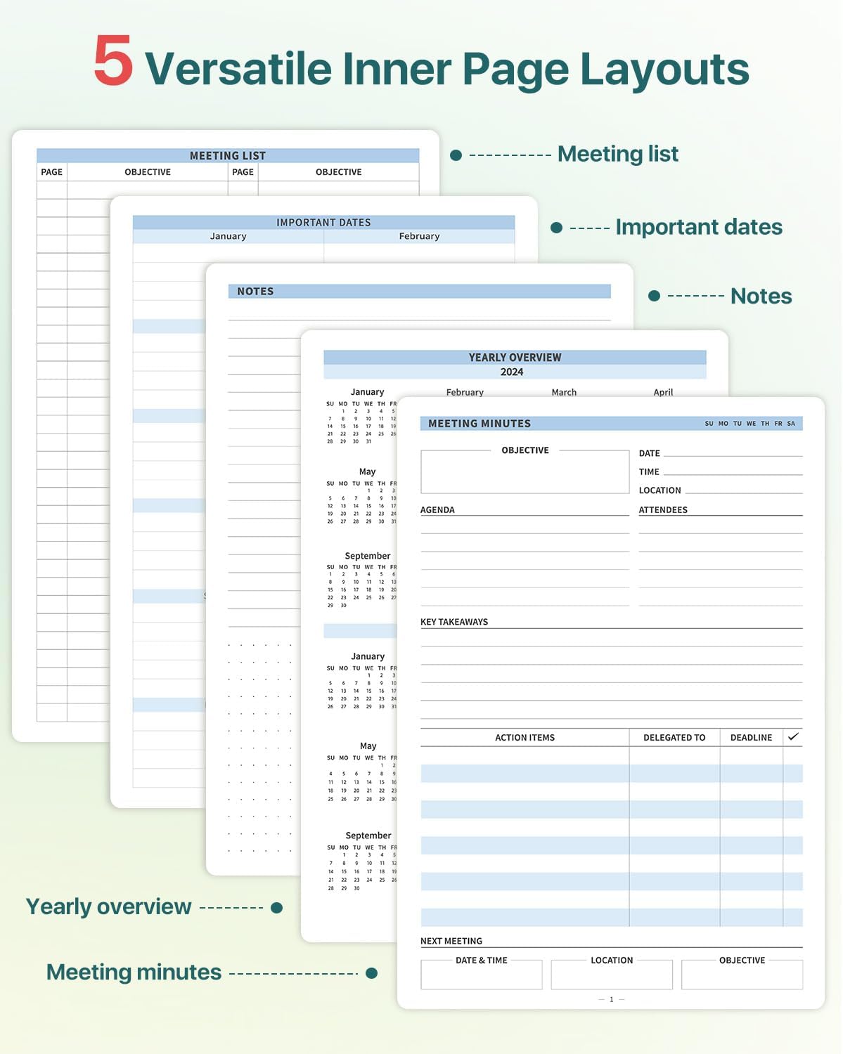 WEMATE Meeting Notebook for Work, Work Planner Notebook With Action Items, Easily Take Meeting Notes & Keep Agendas on Track, Calender, Index Page, Inner Pocket, 7×10 Inch, Olive Green