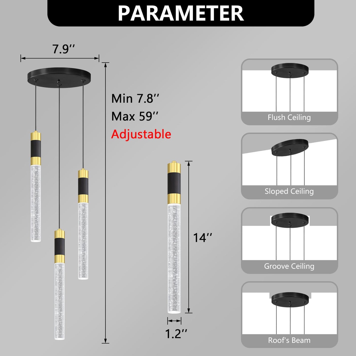Cenozo Modern Pendant Light - 3-Lights LED Dimmable, Remote Control, 3000K-6000K, Black - Model RS8002-3tou-yuanpan-R