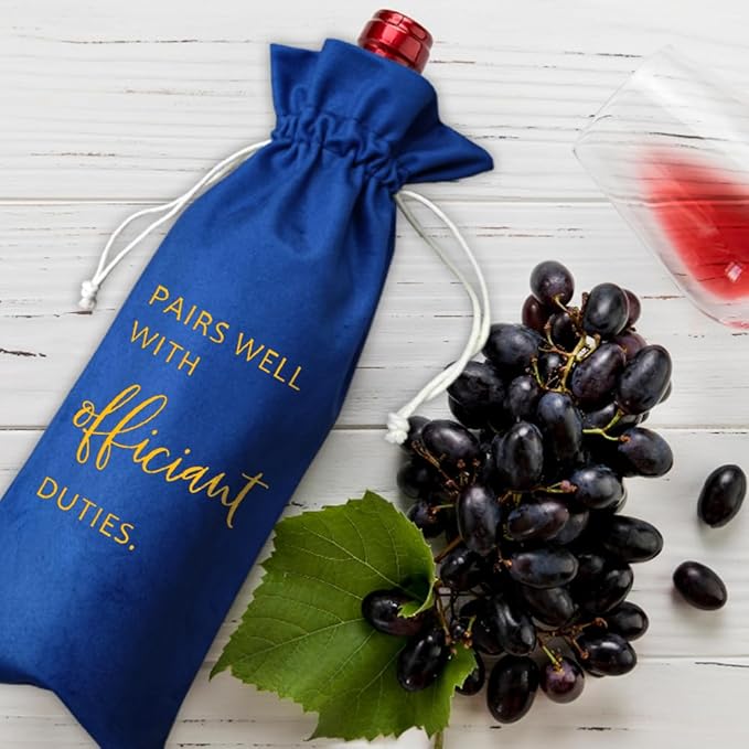 Wedding Officiant Wine Bag,Officiant Wine Bag,Pairs Well With Wedding Officiant Duties,Officiant Gift,Officiant Wedding Gift, Burlap Drawstring Wine Bag (Officiant-Blue)