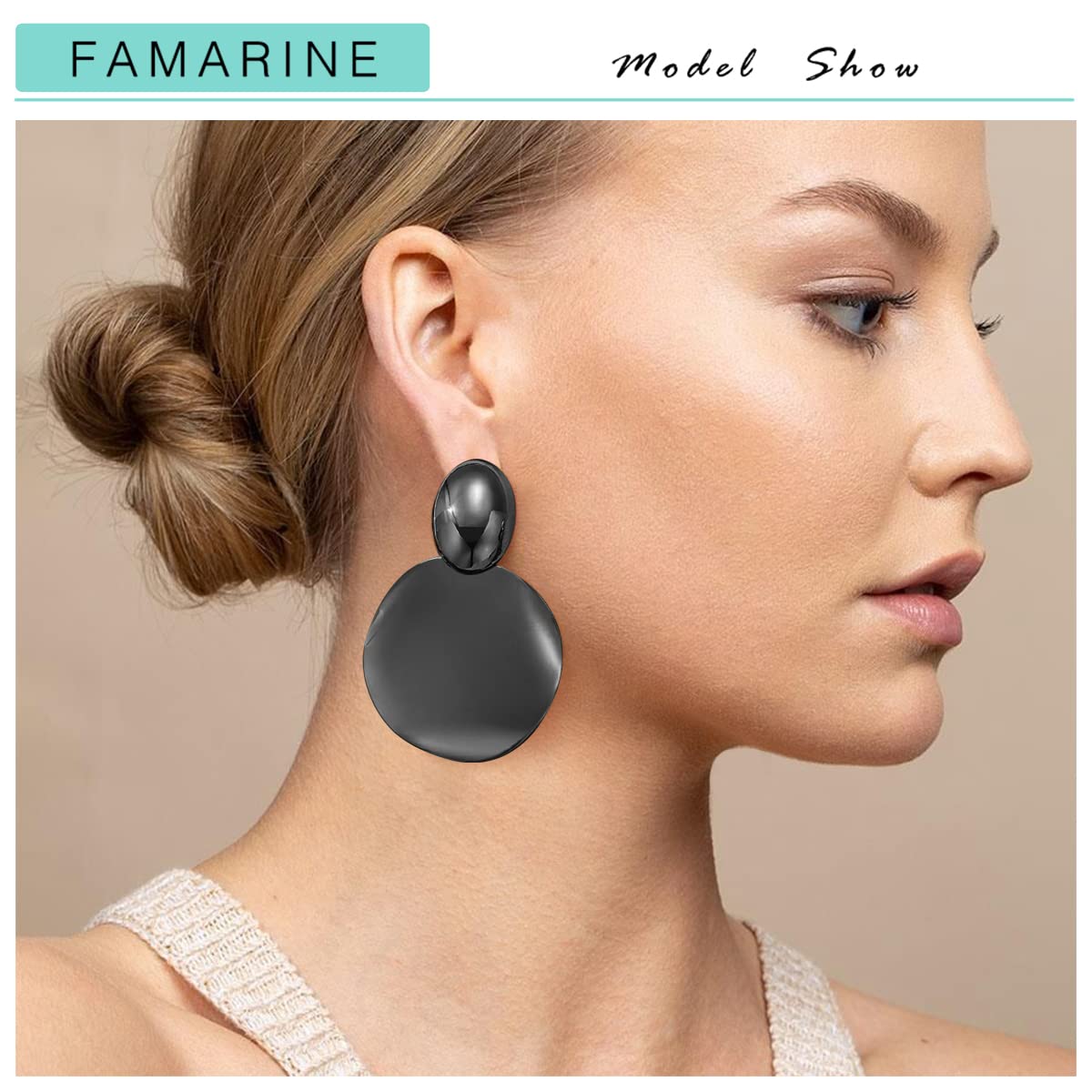 FAMARINE Black Big Disc Statement Earrings Smooth Round Hammered Dangle Earrings for Women Earrings Fashion Jewelry