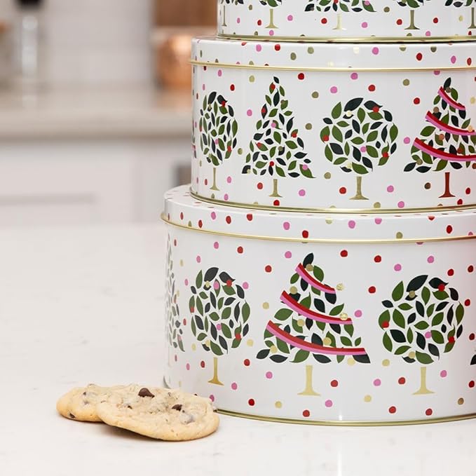 Kate Spade New York Metal Cookie Tins, 3-Piece Nesting Set, Small, Medium & Large, Christmas Containers for Gift & Storage, Evergreen Confetti Dot