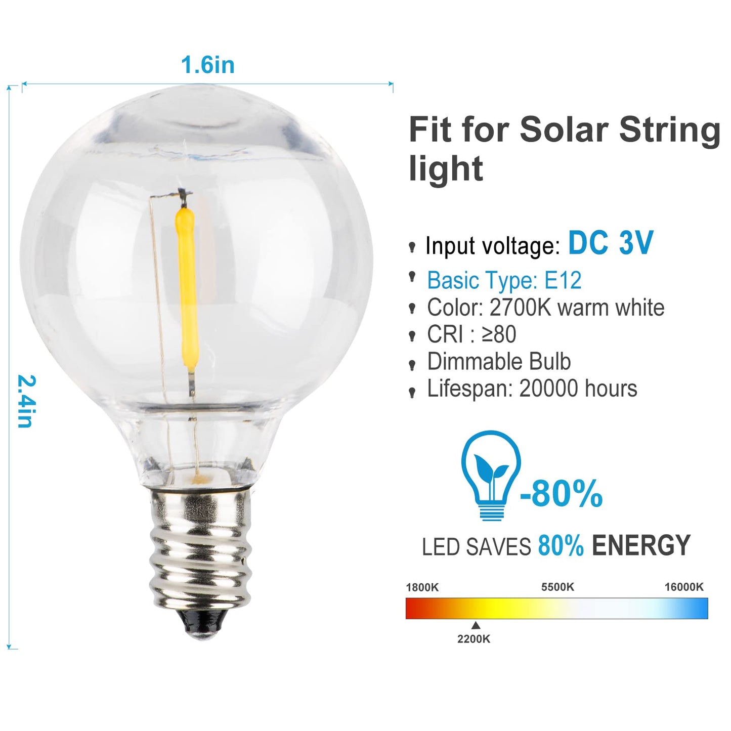 Lightdot Solar Outdoor String Lights, 48FT, Warm White, Waterproof, 16 Shatterproof LED Bulbs
