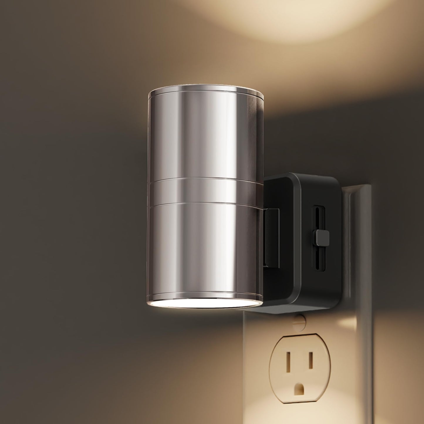 L LOHAS LED Night Light, 1-Pack, Dimmable Soft White 3000K, Light Sensor, Smooth Silver Glossy Plating, Model GY060US-02-DCH2