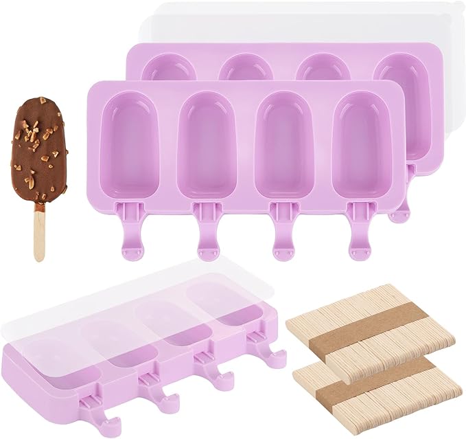3 Set Violet Samll Popsicles Molds with Lids and 100 Pieces Wooden Popsicles Sticks, 4 Cavities Silicone Ice Cream Molds for Making Cakesicles, Cake Pops, Ice Cream - BPA Free