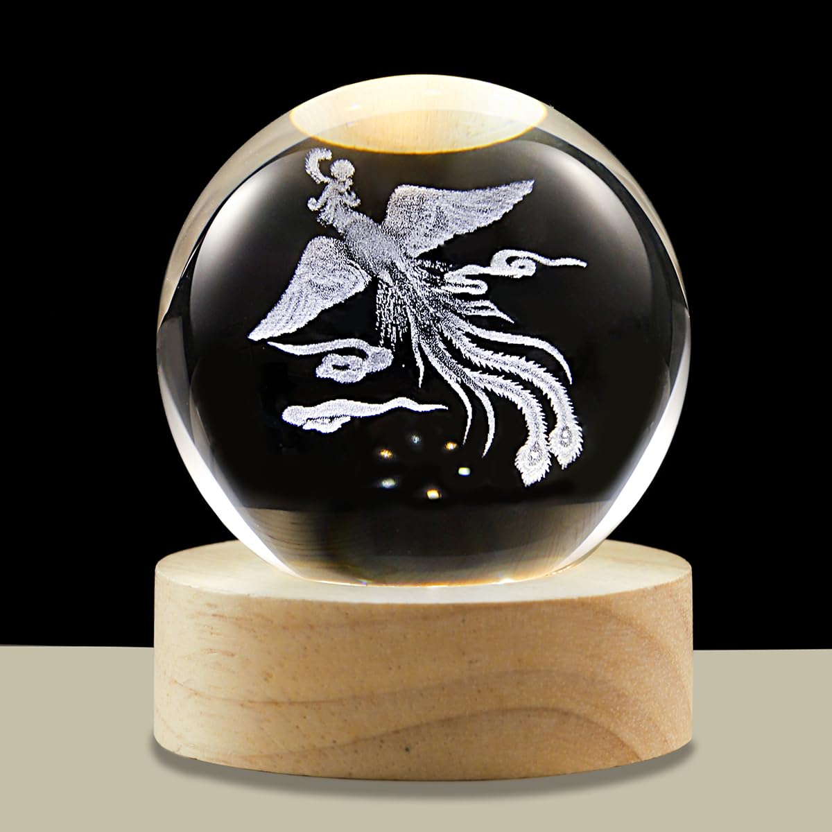 Hochance 3D Phoenix Crystal Ball Lamp With Adjustable Brightness Led Wooden Base Night Light For Kids Teens mature-themeds Birthday Gift Home Desk Office Bedroom Decor (6Cm / 2.4 )