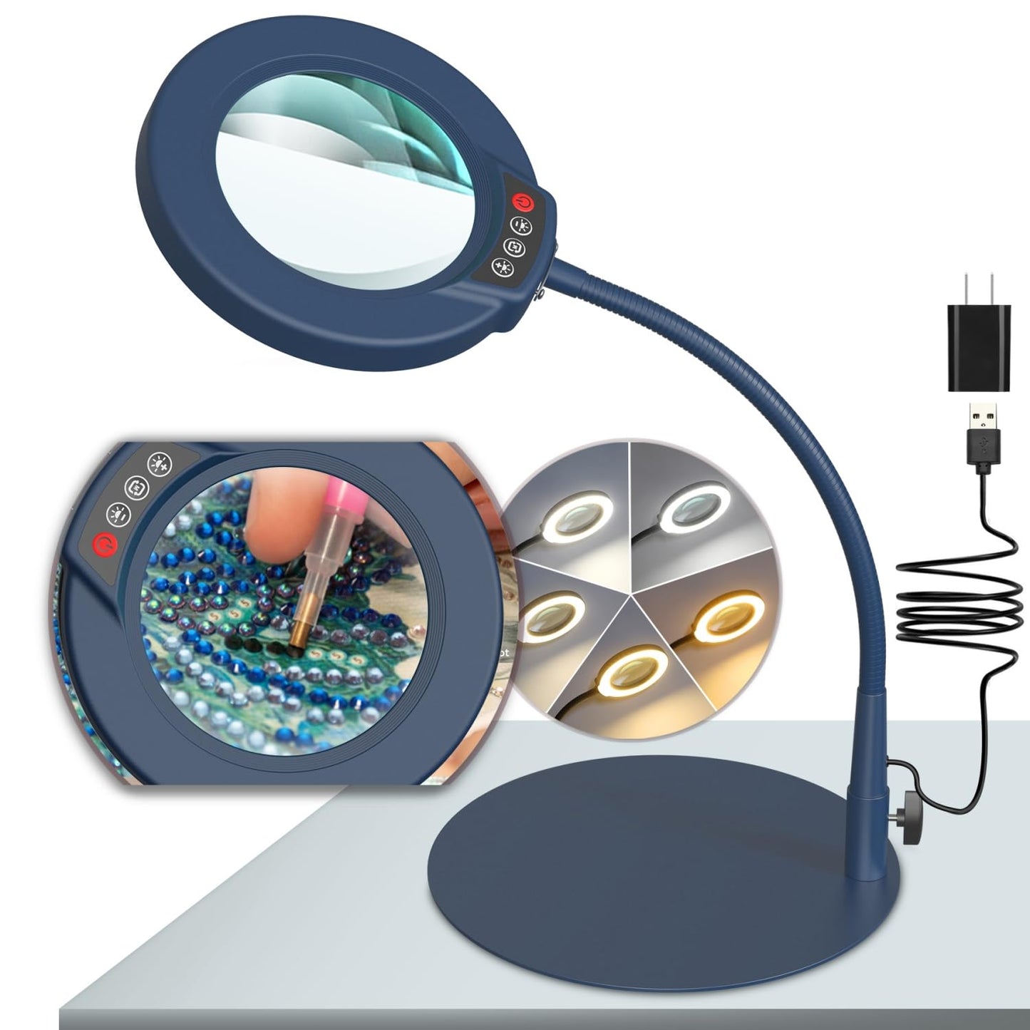 Krstlv 10X Magnifying Glass with Light, Stepless Dimmable LED, Gooseneck Design, Blue, Model EG906