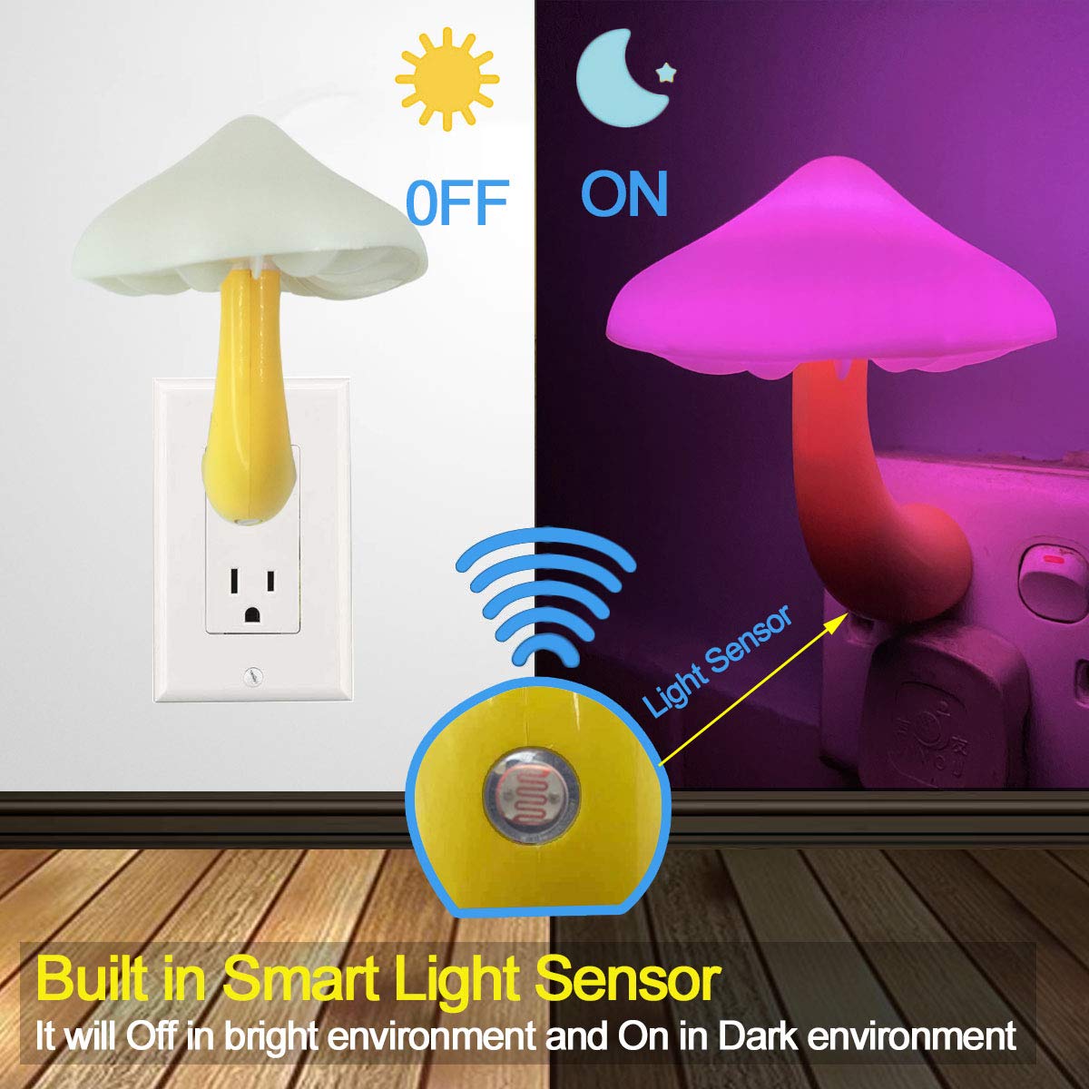 UTLK LED Mushroom Night Light Lamp with Dusk to Dawn Sensor, 2 Pack, Colorful, Model m274