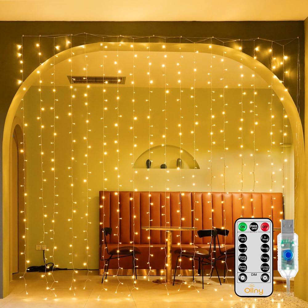 Ollny Curtain Lights 600Led 19.7Ft X 9.8Ft  Ip67 Waterproof Outdoor Curtain Rice Lights With Remote  Plug-In Untangle Rice Curtain Light With 8 Modes 3 Timers For Wall Backdrop Decor(Warm White)