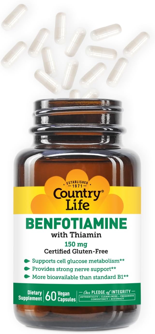 Country Life Benfotiamine with Thiamin,150mg, 60 Vegetarian Capsules, Certified Gluten Free, Certified Vegan
