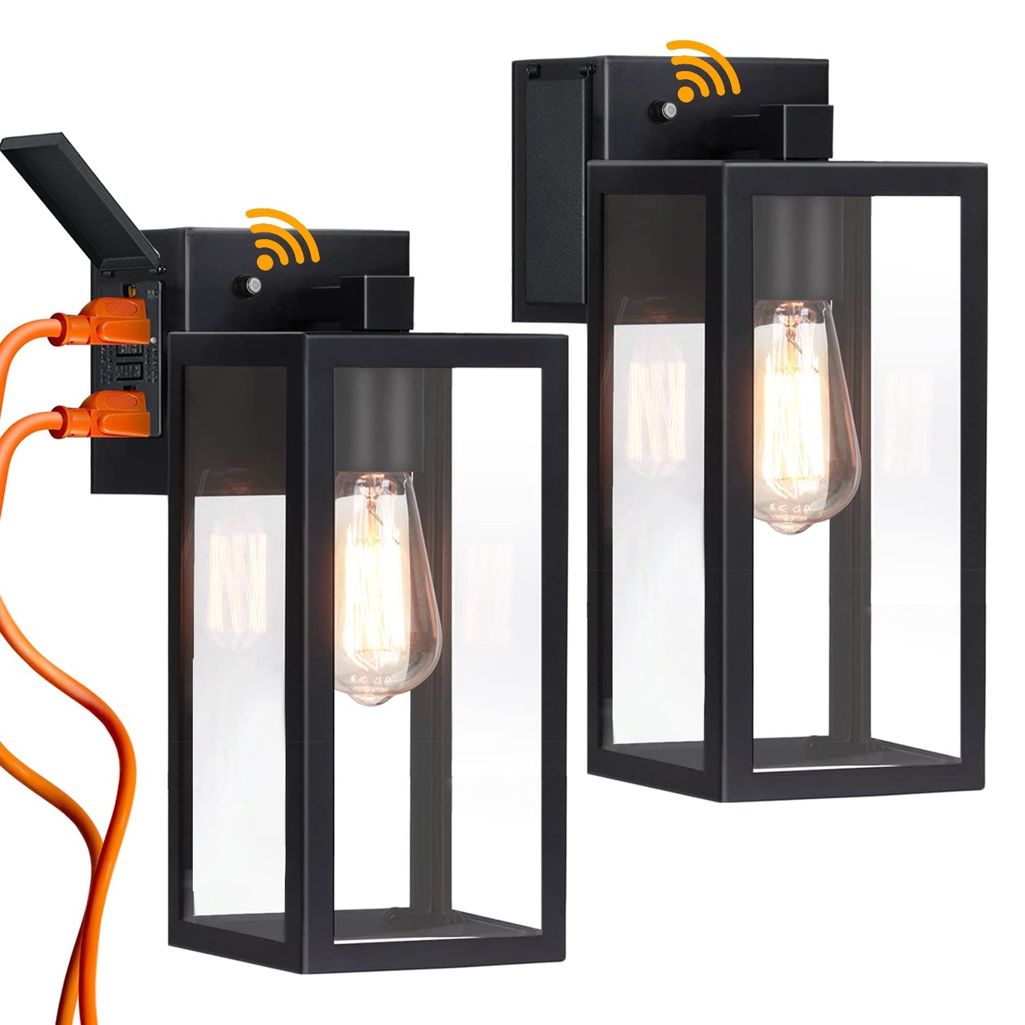BrightWe Outdoor Wall Lanterns, Waterproof Dusk to Dawn Sconces, GFCI Outlet, Metal, 2-Pack, Black, Model WL22015