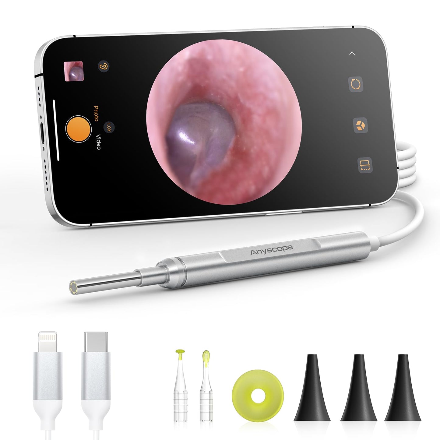 AnyScope Digital Otoscope Compatible with iPhone and Android Devices, HD Ear Camera with Ear Wax Removal Tools, Video Ear Scope Otoscope with Light, Capture Photos and Videos (Silver)