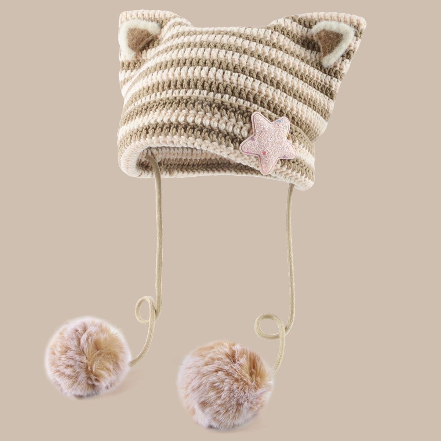 Women Y2K Cat Ear Beanie Hat with Pom Poms Star Accessories Goth Grunge Crochet Knitted Slouchy Skully Caps Alt Emo Clothes (Khaki-Beige)