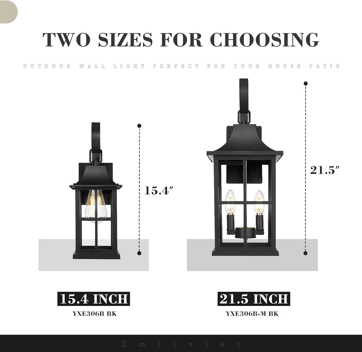 Emliviar 15.4" Wall Sconces Set of Two, Outside Wall Light Fixtures with Clear Glass, Matte Black Coach Lamps for Front Door, YXE306B-2PK BK