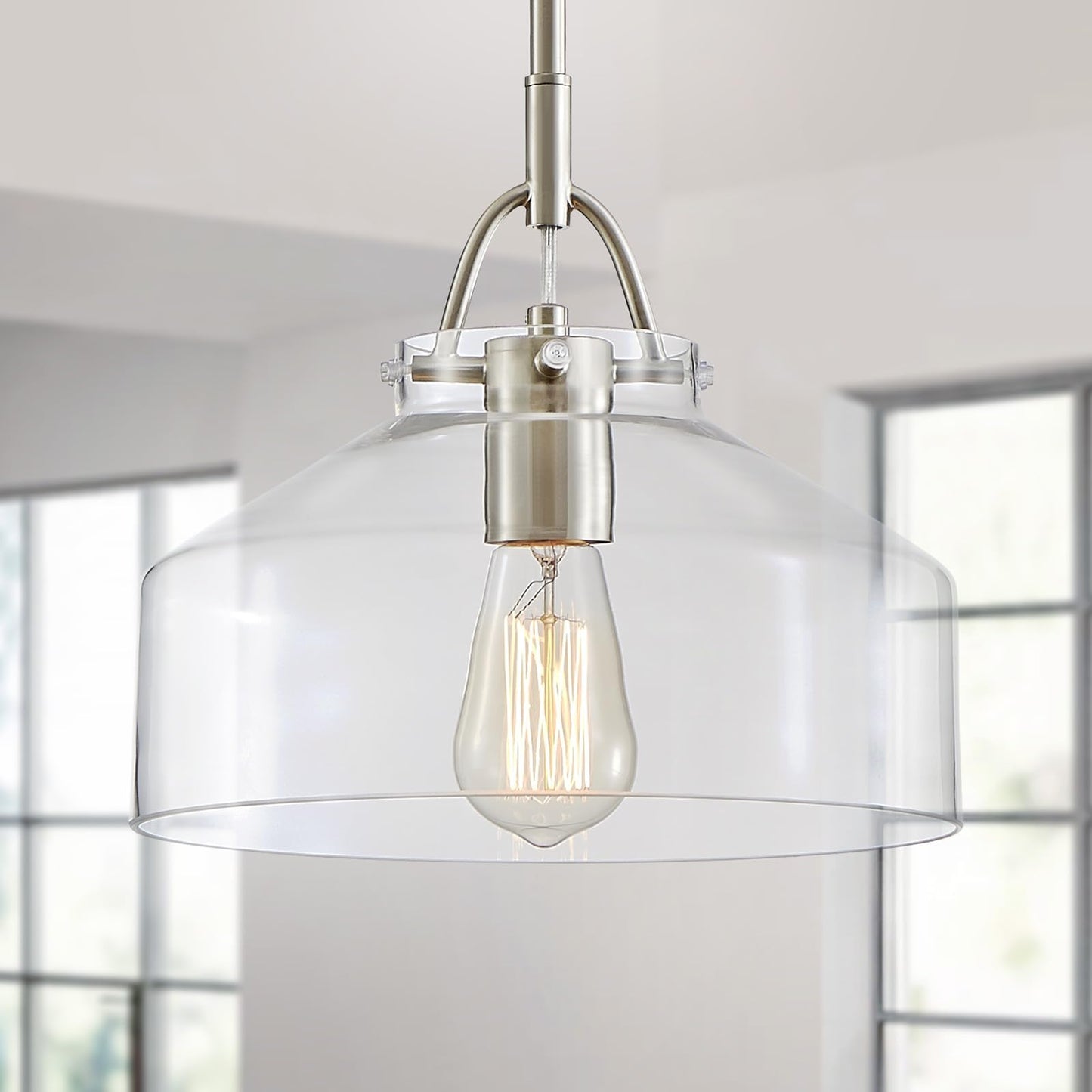 Wuzups Rustic Industrial Chandelier Pendant Light Fixture, Black Metal, 9.4H X 10.6W, E26 Base, Clear Glass Shades For Dining Room, Kitchen, Foyer