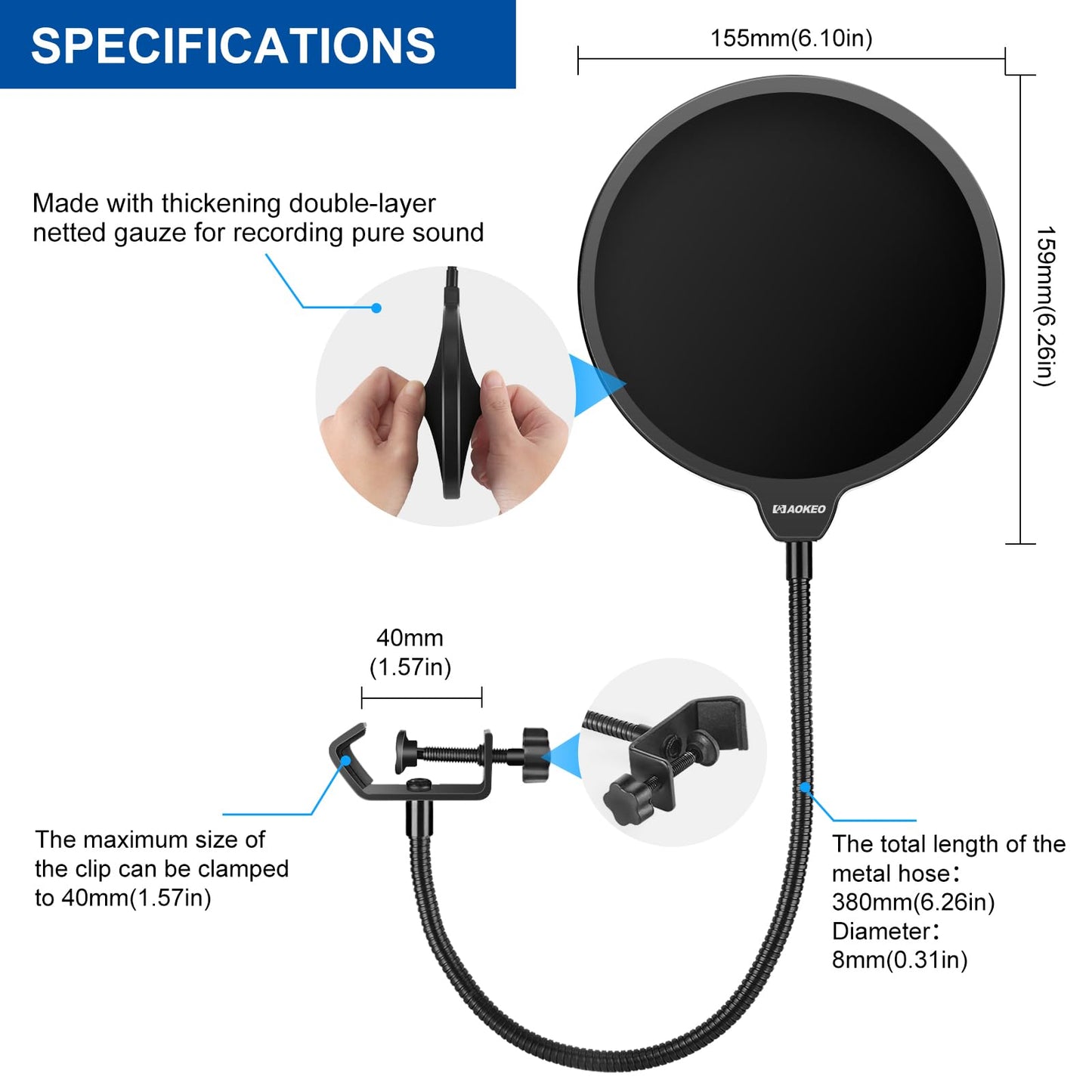 Aokeo Professional Microphone Pop Filter Mask Shield For Blue Yeti and Any Other Microphone,Mic Dual Layered Wind Pop Screen With Flexible 360° Gooseneck Clip Stabilizing Arm