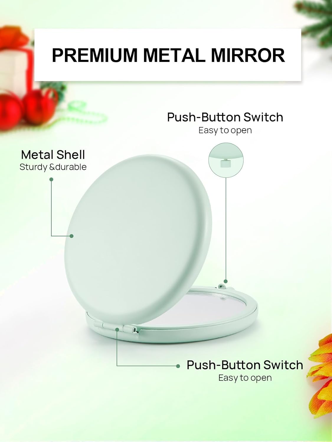 Compact Mirror for Purse, Pack of 12 Double-Sided 1X/2X Magnifying Metal Pocket Makeup Mirrors(Round, Cyan)