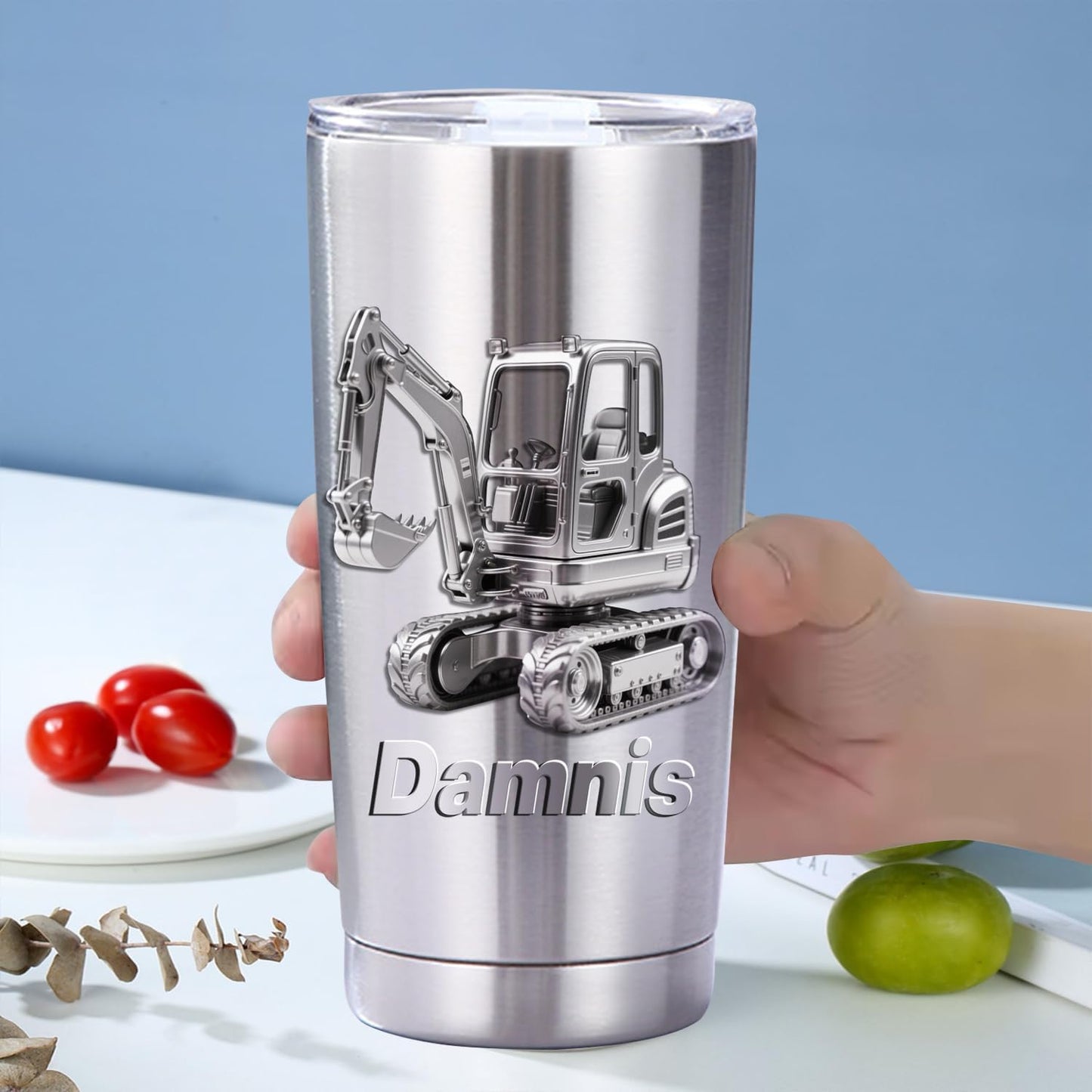 Personalized 3D Excavator Stainless Steel Silver Tumbler Mug for Kids Boys, Custom Name Excavator Tumbler Mug for Construction Lover, Kids Boy Birthsday Gift