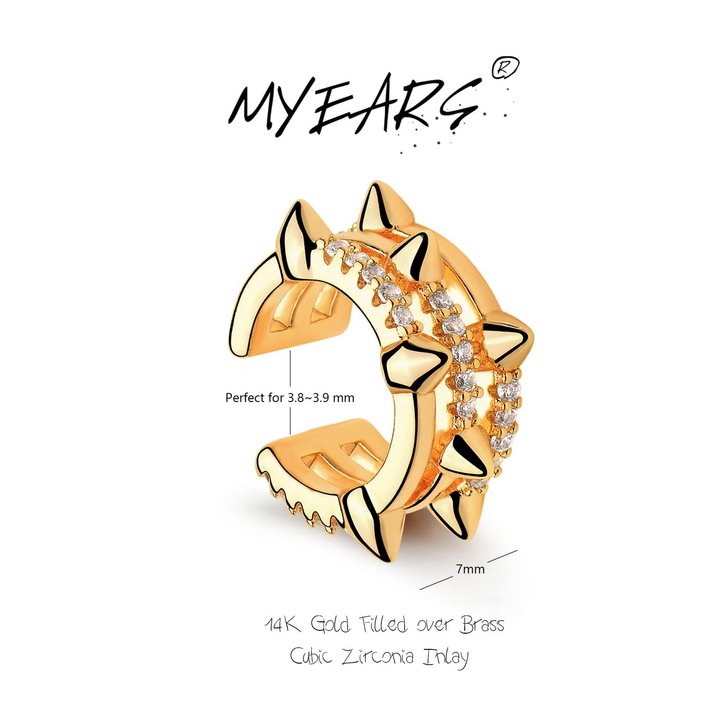 MYEARS Women Ear Cuff Earring Gold Non Pierced Cartilage 3 Split Stripe Band Spike Clip on Wrap Hoop Diamond CZ 14K Gold Filled