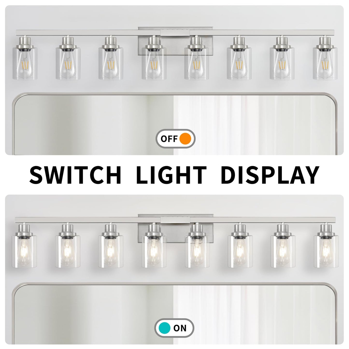 DIKAIDA 52in Brushed Nickel Vanity Light Fixtures, 8-Light Metal Bathroom Lighting, Model NS-8