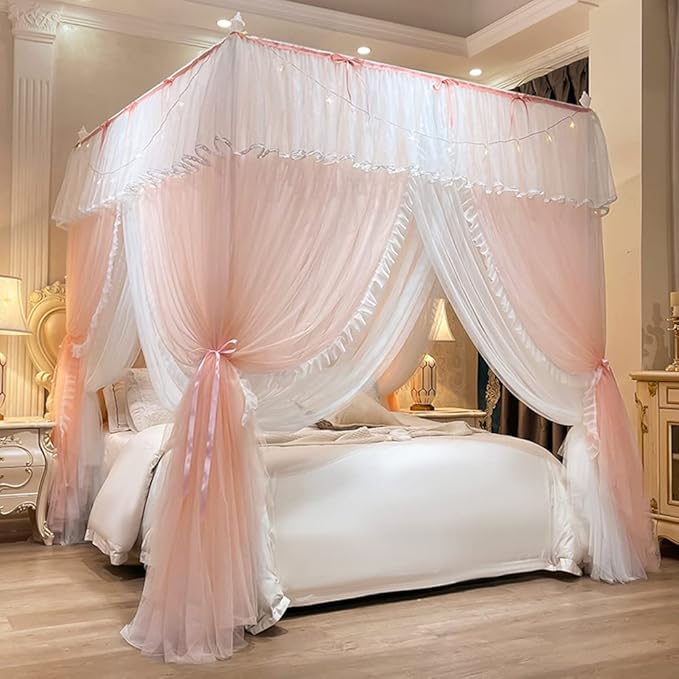 Mengersi Canopy Bed Curtains with Lights,4 Corner Bed Canopy Royal Luxurious Bed Drapes Netting,Princess Bed Curtains for Girls Adults Bedroom Decoration (Peach, Full)