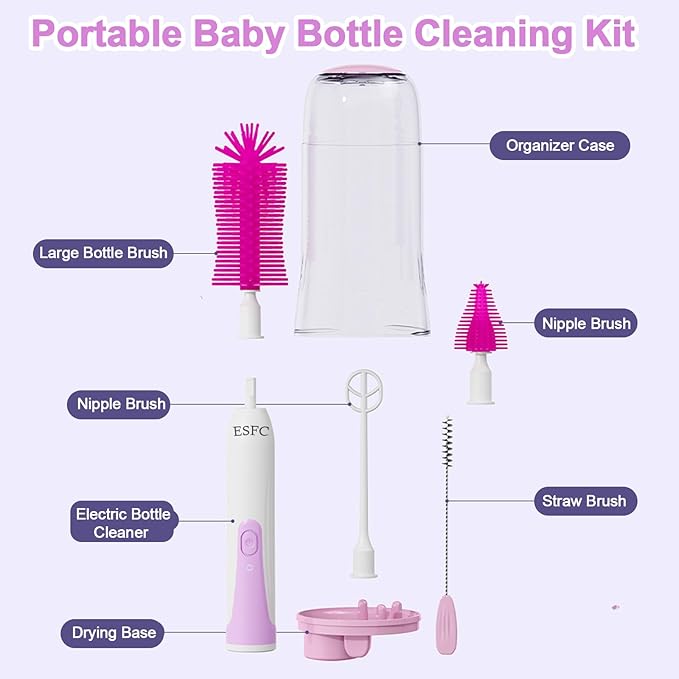 Portable Electric Baby Bottle Brush Set With Nipple/Straw Brush, Milk Frother and Drying Base, Waterproof IPX7, Rechargeable Travel Cleaning Kit, Purple