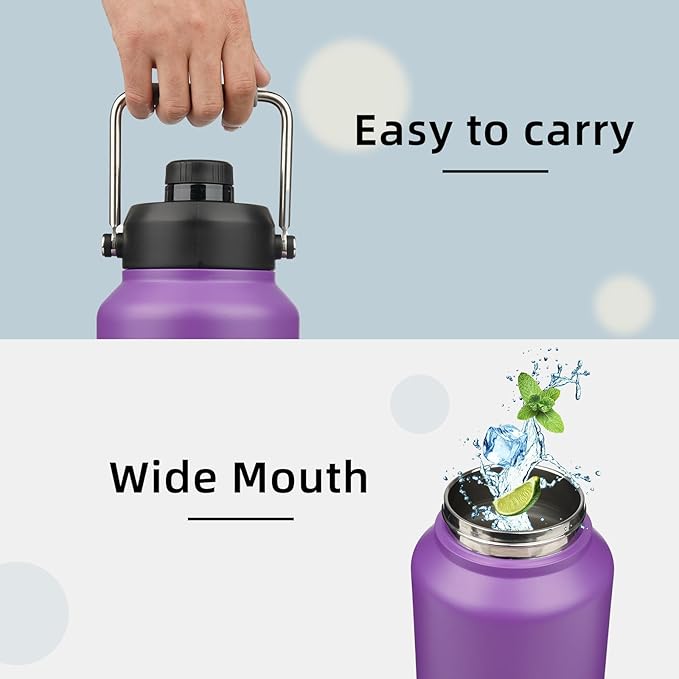 Half Gallon Jug with Handle,64 oz Insulated Water Bottle with Carrying Pouch,Double Wall Vacuum Stainless Steel Metal Bottle,Purple