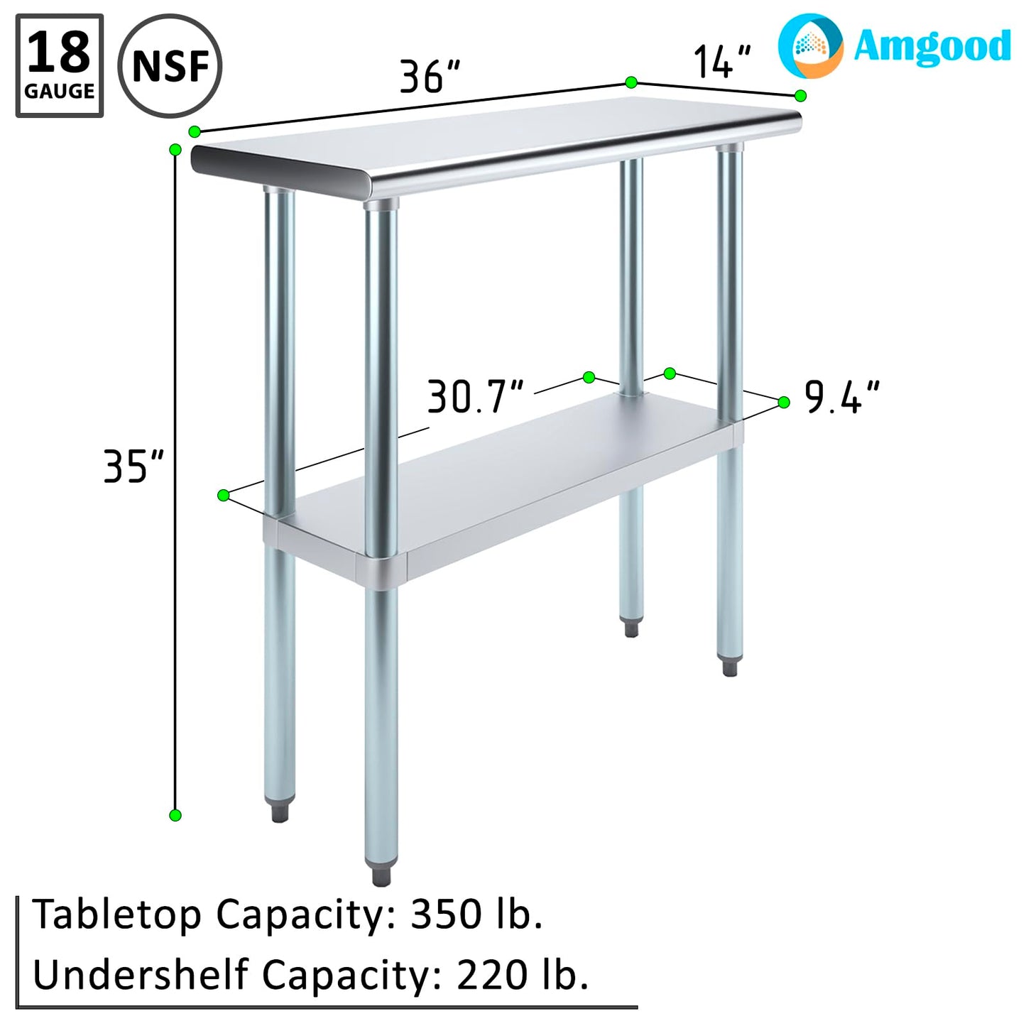 AmGood 14 in. x 36 in. Stainless Steel Work Table | Metal Kitchen Food Prep Table | NSF