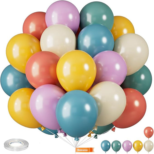 Saxuxu Retro Colorful Balloons, 12 Inch Vintage Color Balloons, Retro Blue Red Purple Yellow White Latex Helium Balloon fo...