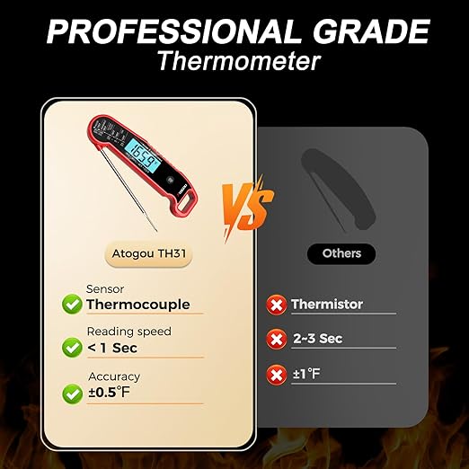 Professional Food & Meat Thermometer, 1 Sec Instant Read & ±0.5℉ Accuracy Driven by Thermocouple Sensor. IP67 Waterproof Digital Thermometer for Cooking, BBQ, Grill Gifts for Men Him Dad Birthday