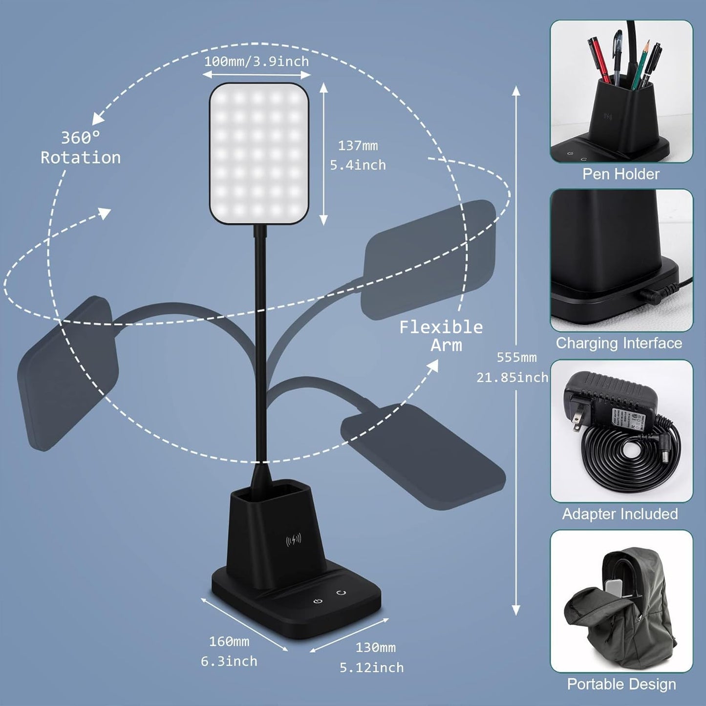 Sailstar Led Desk Lamp With Wireless Charger, 3 Color Modes, Stepless Dimming, Black, Acrylic, 800 Lumen, Ideal For Home Office And Dorm Room