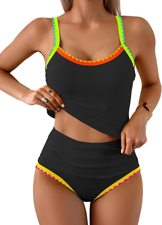 Eomenie Tankini Swimsuit for Women Tummy Control Ruched Two Piece Bathing Suits High Waisted Shell Stitch Swimwear