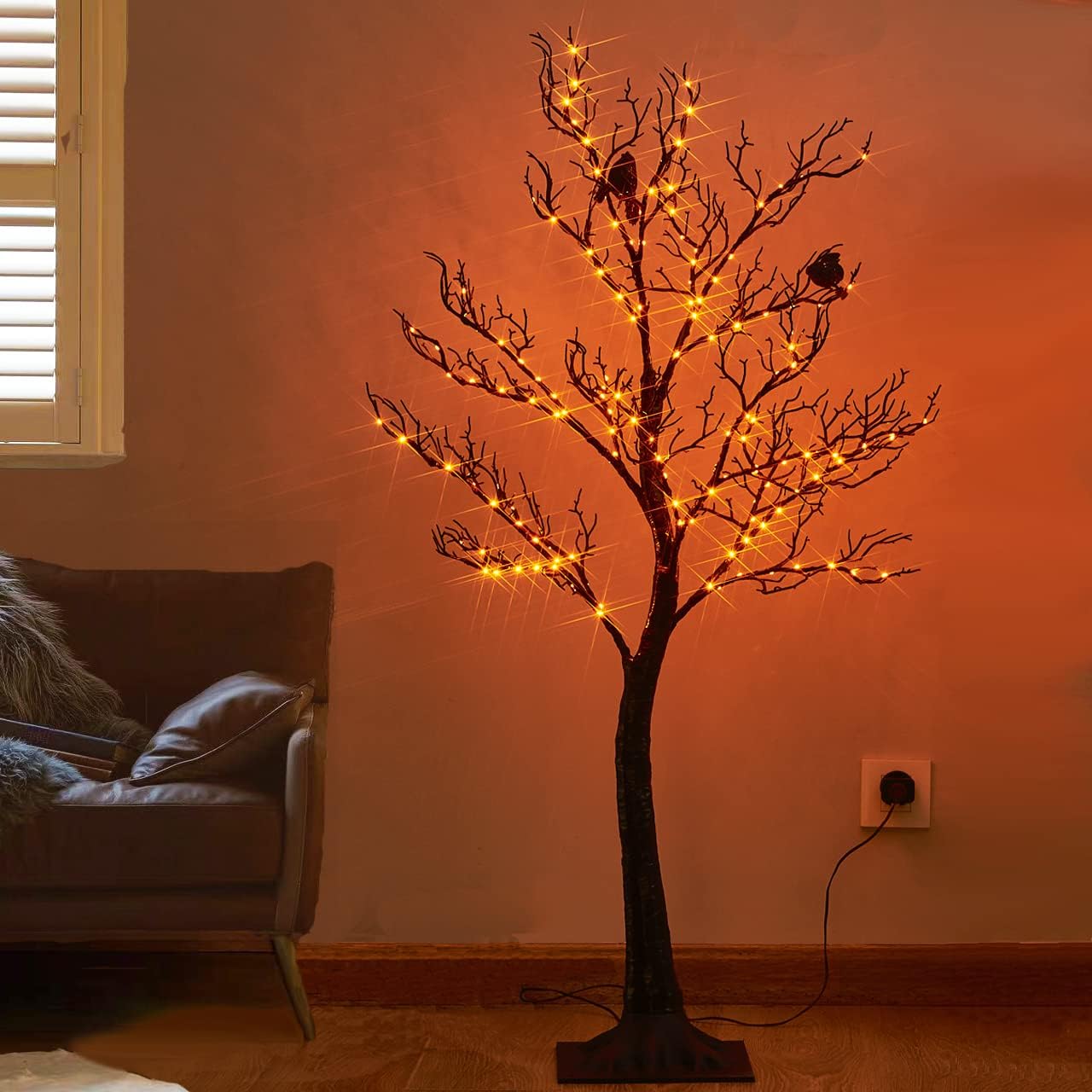 Birchlitland Halloween Tree with 150 Orange Fairy Lights, 4ft Black Glittered Decoration for Indoor/Outdoor Parties