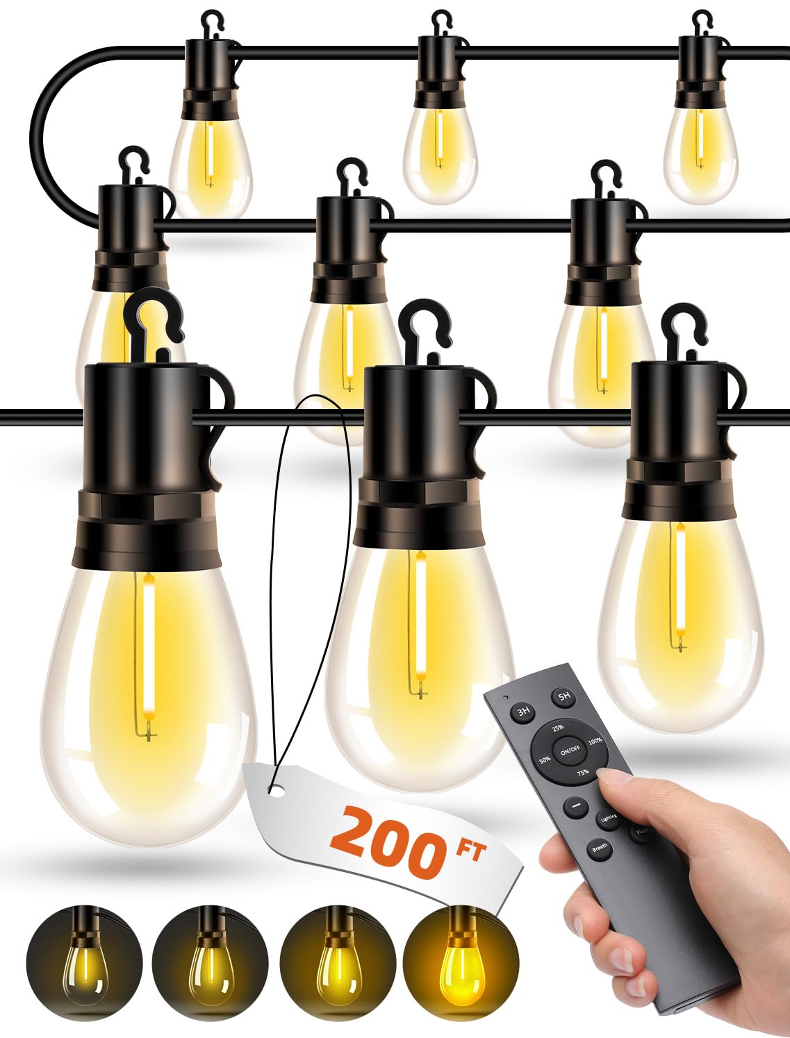 Vozuji Outdoor Patio String Lights: S14 Shatterproof Bulb Outside Waterproof Light - 200Ft 60M Remote Dimmable Connectable Hanging Outdoor Electric Lighting - Garden Backyard Yard Gazebo Porch Party