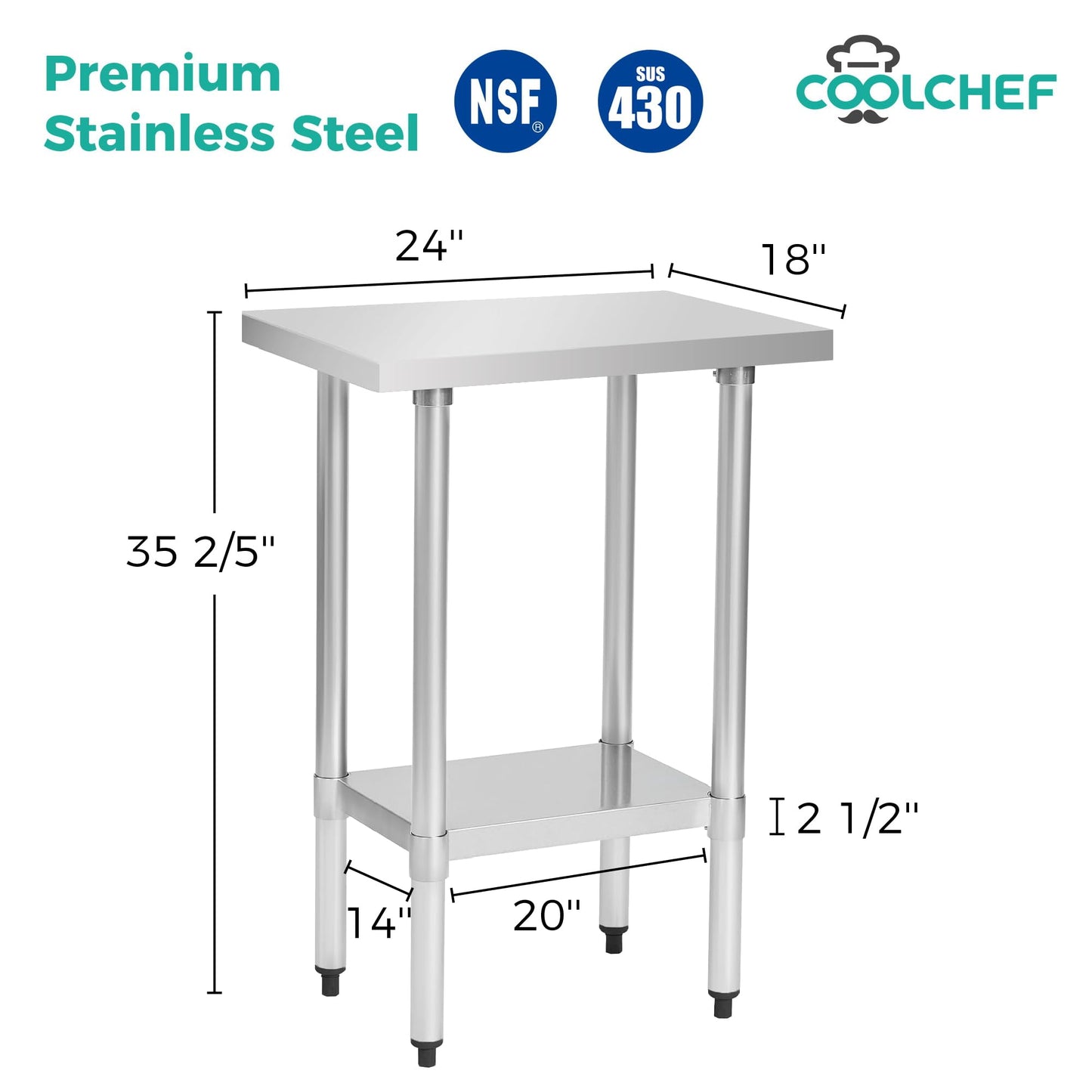 Okeyolive Stainless Steel Work Table 18 x 24 Inch, NSF Commercial Prep Table with Undershelf, Heavy Duty Food Prep Workstation